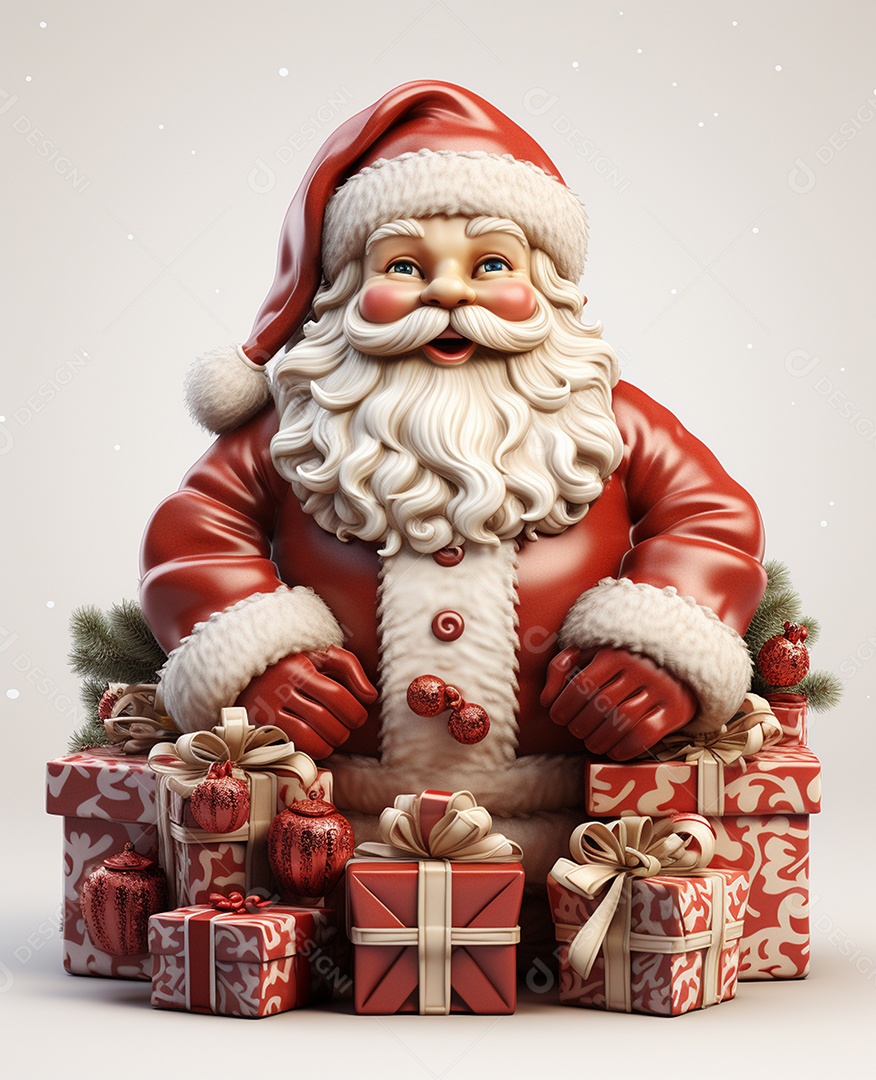 Papai Noel 3d com algumas caixas de presente em fundo branco transparente