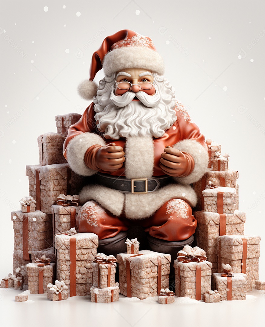 Papai Noel 3d com algumas caixas de presente em fundo branco transparente