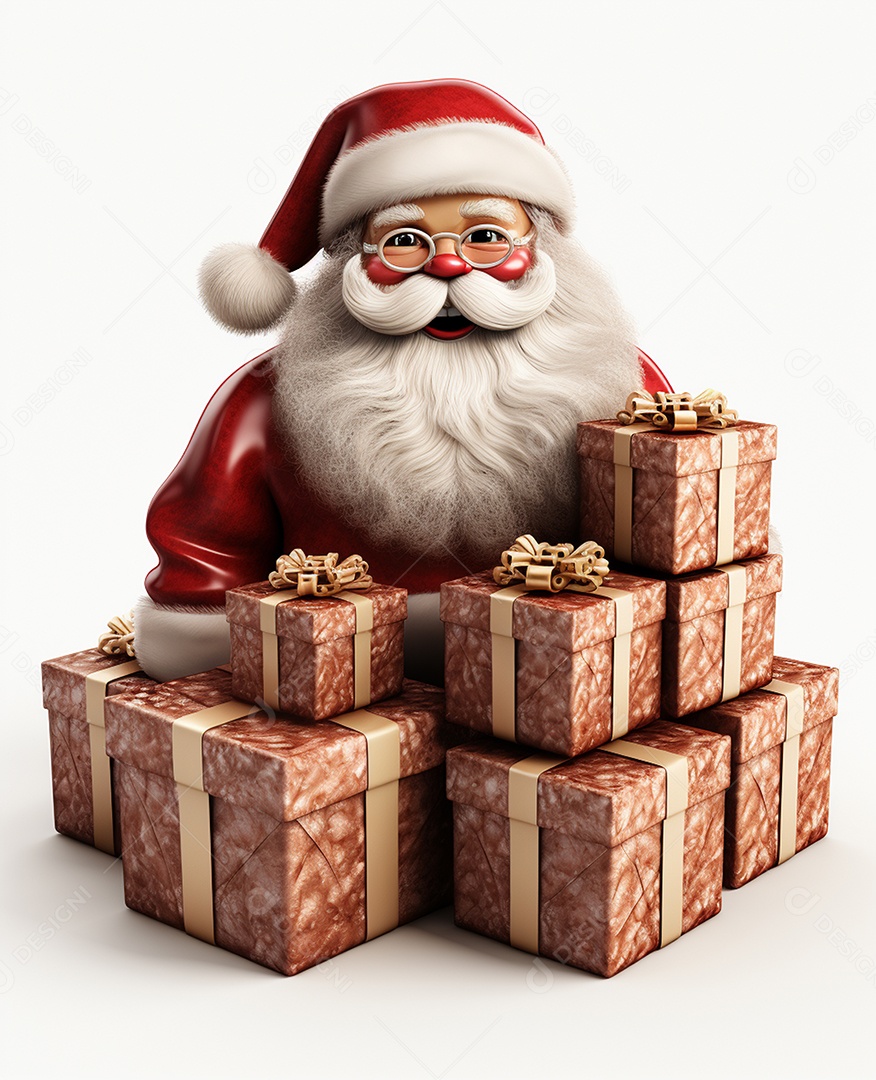 Papai Noel 3d com algumas caixas de presente em fundo branco transparente