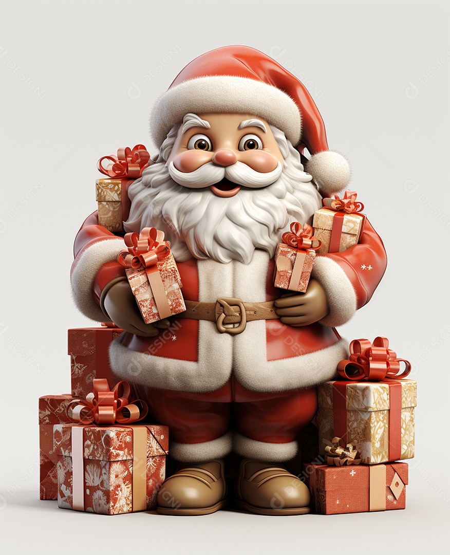 Papai Noel 3d com algumas caixas de presente em fundo branco transparente