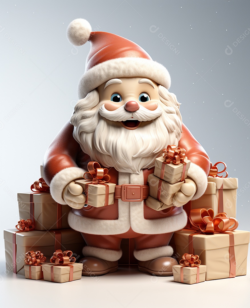 Papai Noel 3d com algumas caixas de presente em fundo branco transparente