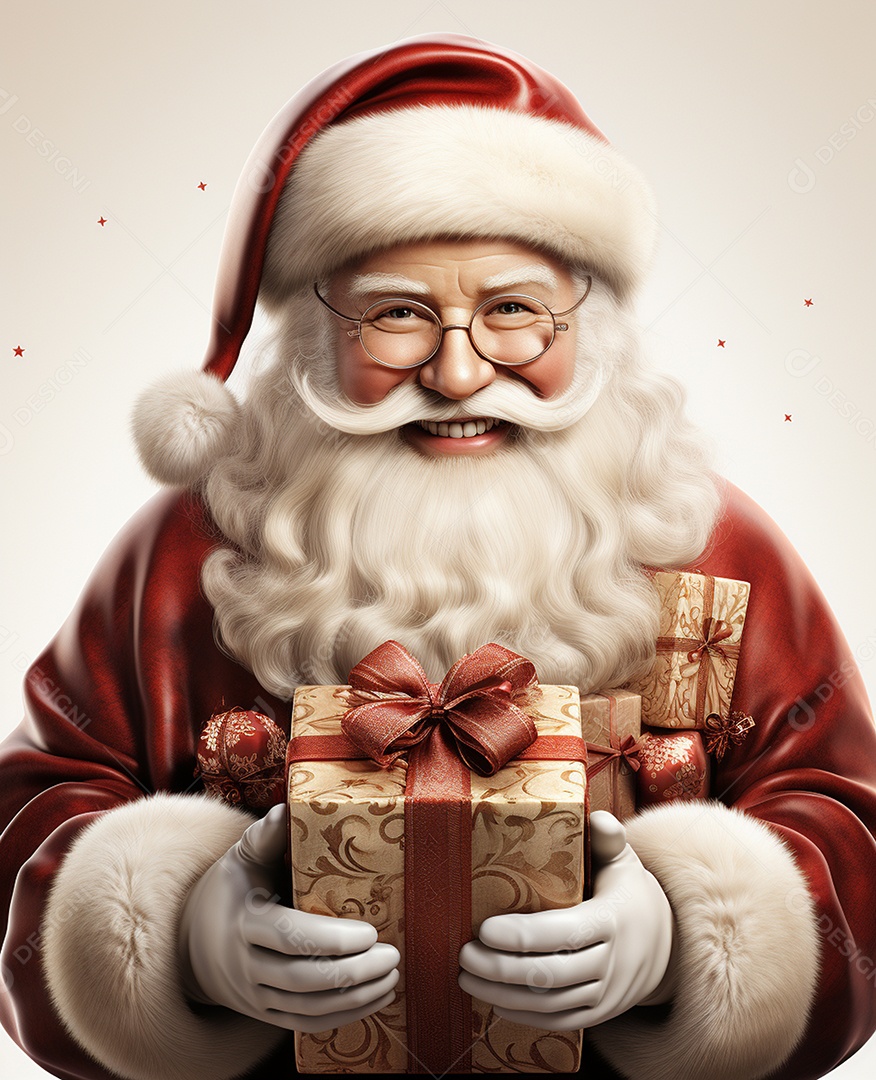 Papai Noel 3d com algumas caixas de presente em fundo branco transparente