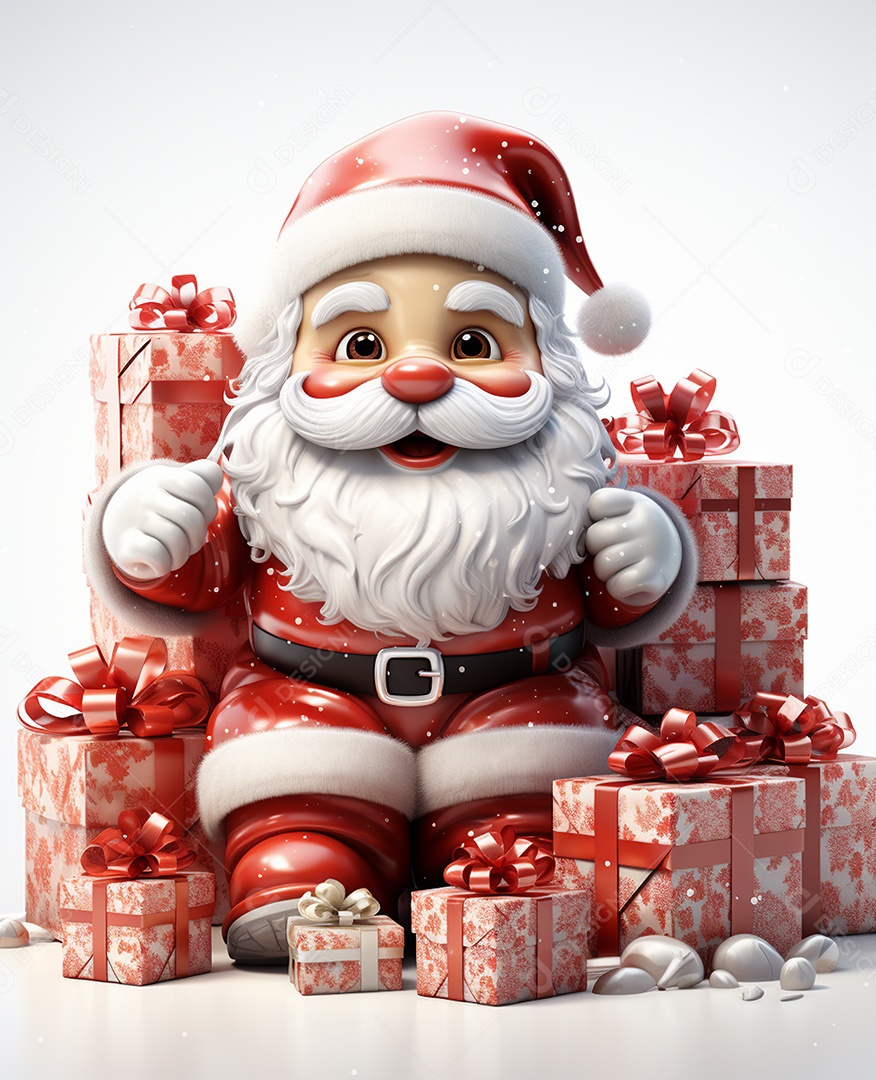 Papai Noel 3d com algumas caixas de presente em fundo branco transparente