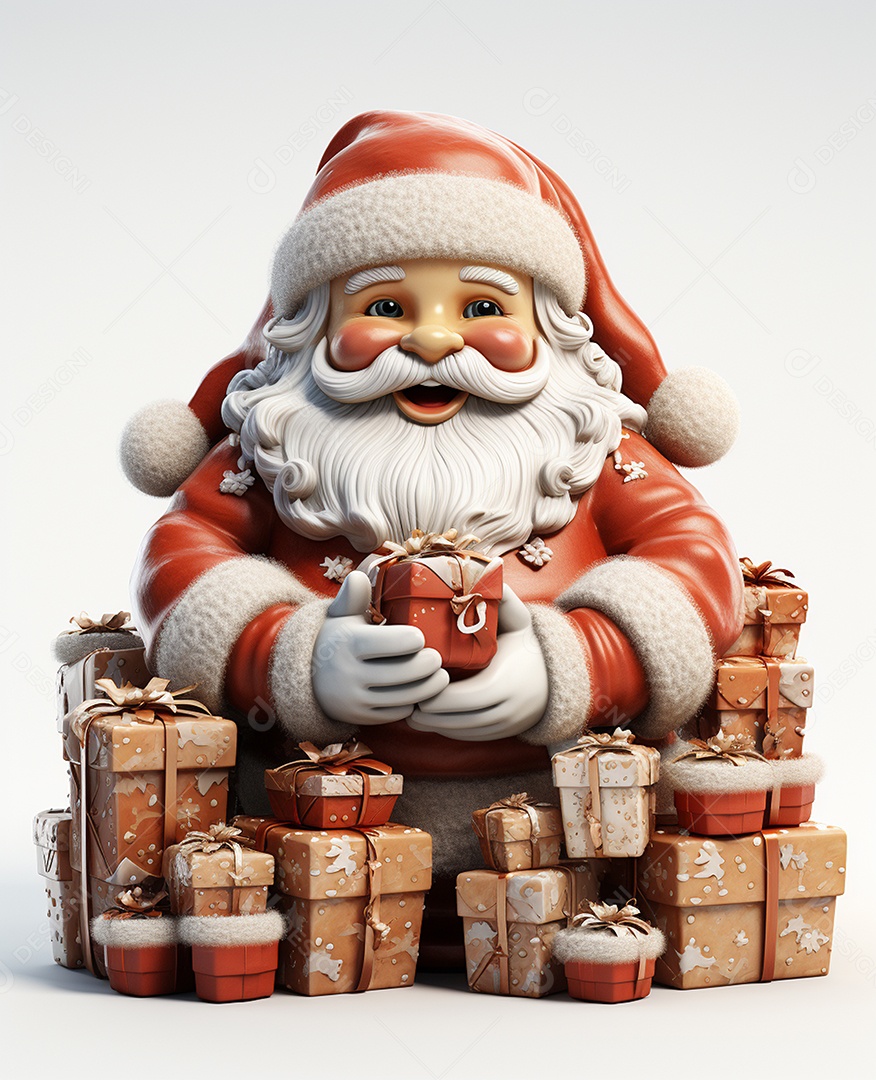 Papai Noel 3d com algumas caixas de presente em fundo branco transparente