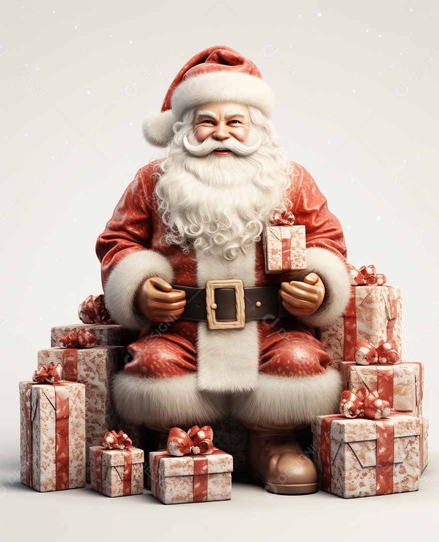 Papai Noel 3d com algumas caixas de presente em fundo branco transparente