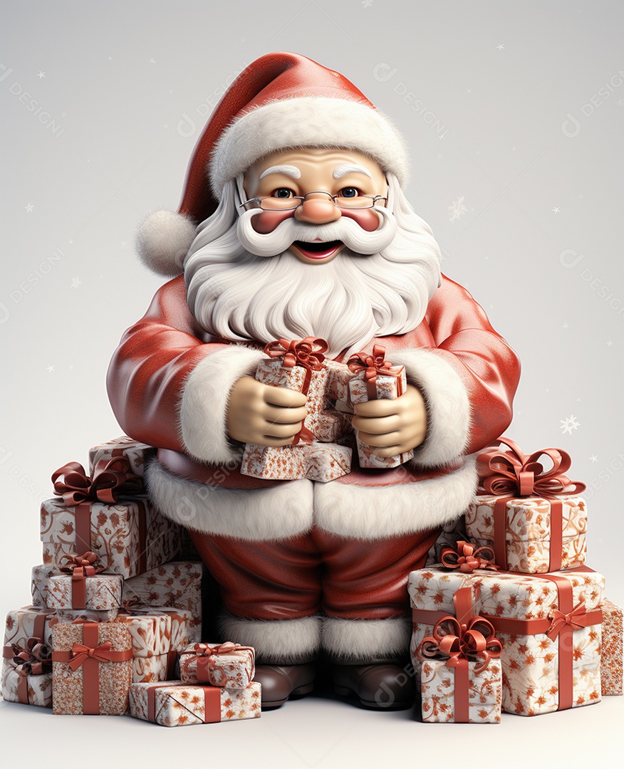 Papai Noel 3d com algumas caixas de presente em fundo branco transparente