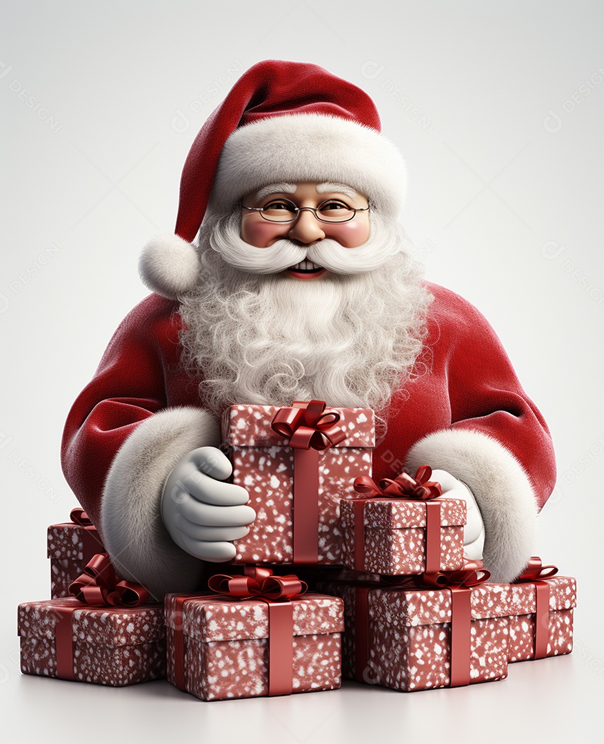 Papai Noel 3d com algumas caixas de presente em fundo branco transparente