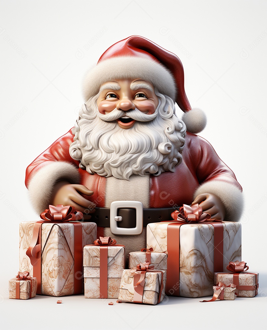 Papai Noel 3d com algumas caixas de presente em fundo branco transparente