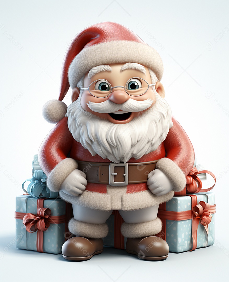 Papai Noel 3d com algumas caixas de presente em fundo branco transparente