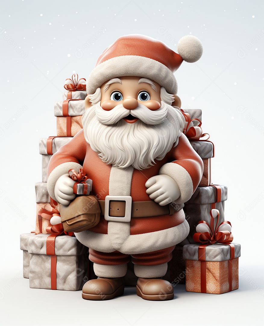 Papai Noel 3d com algumas caixas de presente em fundo branco transparente