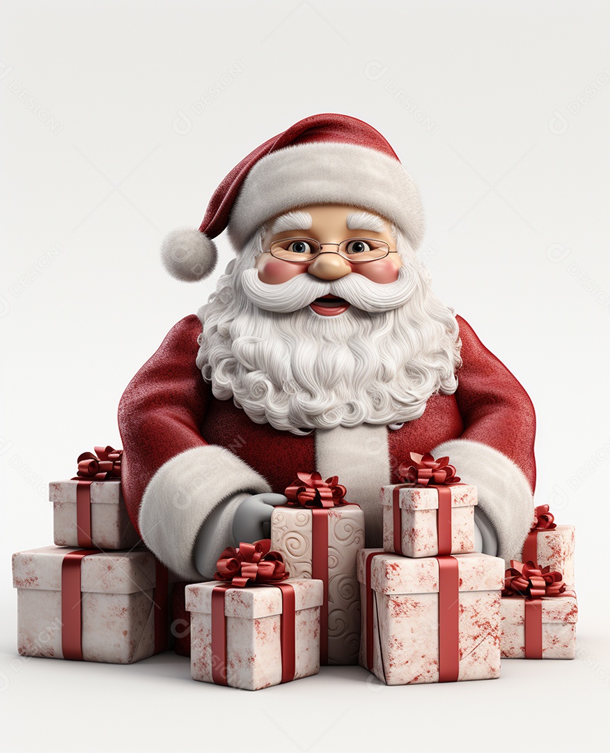 Papai Noel 3d com algumas caixas de presente em fundo branco transparente
