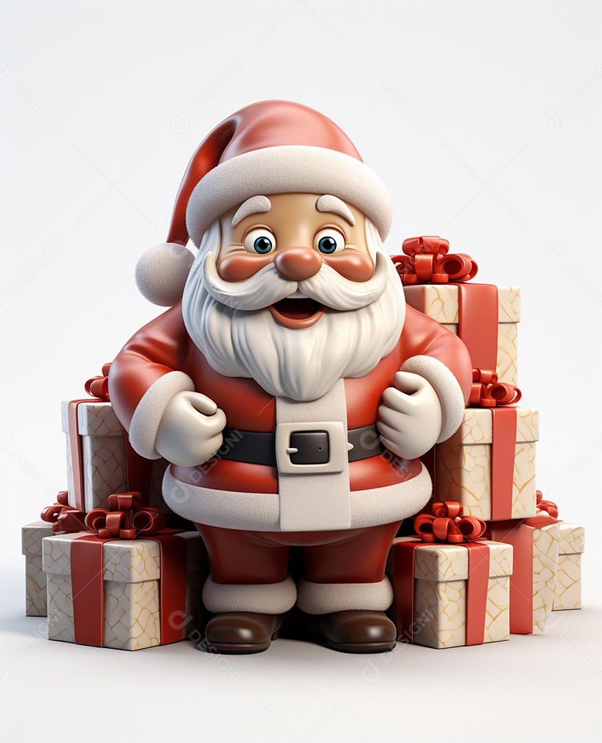 Papai Noel 3d com algumas caixas de presente em fundo branco transparente