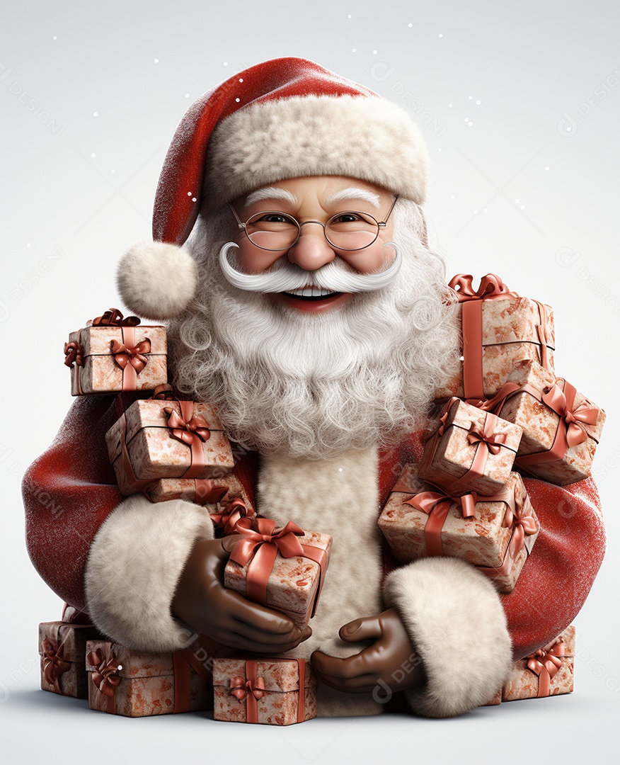 Papai Noel 3d com algumas caixas de presente em fundo branco transparente