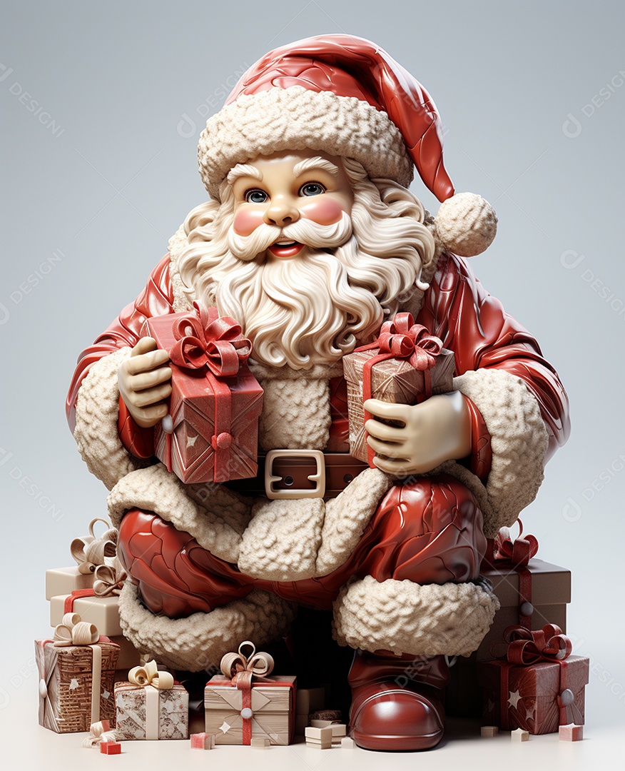 Papai Noel 3d com algumas caixas de presente em fundo branco transparente