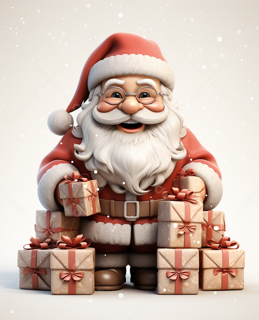 Papai Noel 3d com algumas caixas de presente em fundo branco transparente