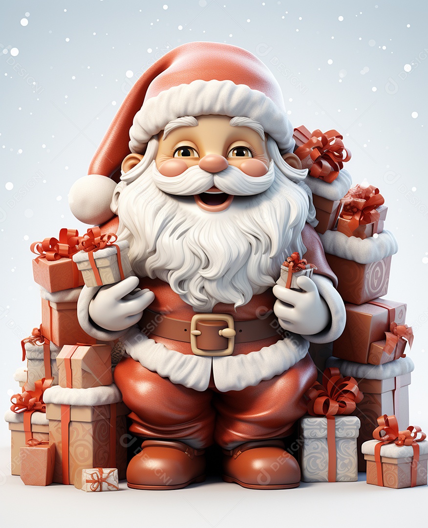 Papai Noel 3d com algumas caixas de presente em fundo branco transparente