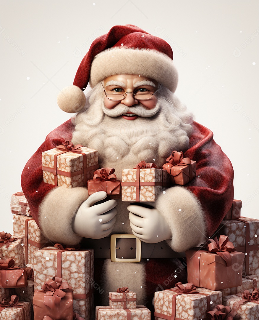 Papai Noel 3d com algumas caixas de presente em fundo branco transparente