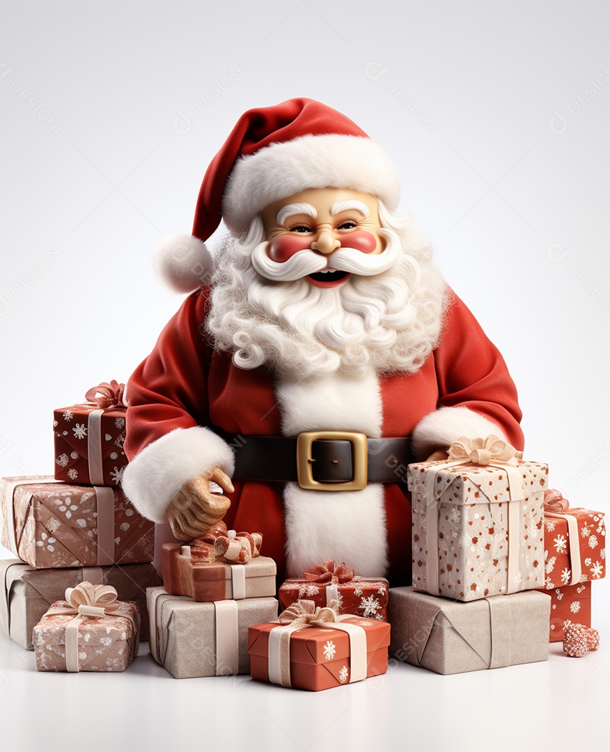 Papai Noel 3d com algumas caixas de presente em fundo branco transparente