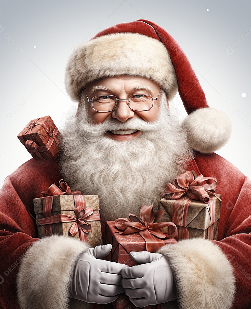 Papai Noel 3d com algumas caixas de presente em fundo branco transparente