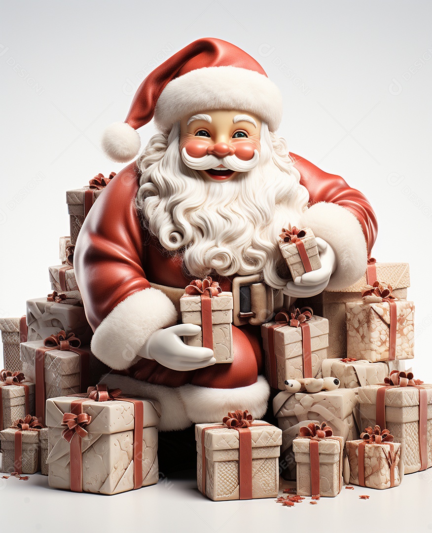 Papai Noel 3d com algumas caixas de presente em fundo branco transparente