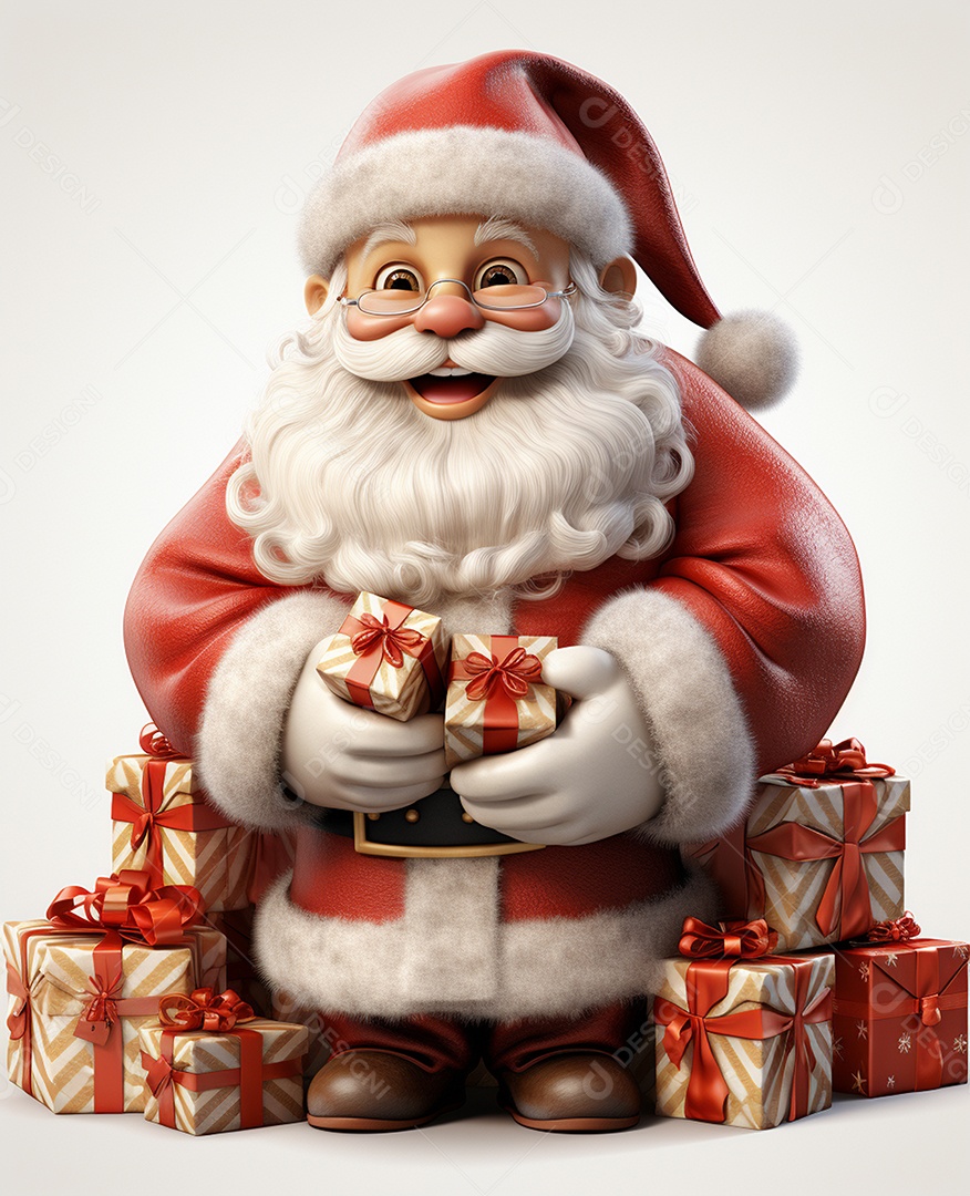 Papai Noel 3d com algumas caixas de presente em fundo branco transparente