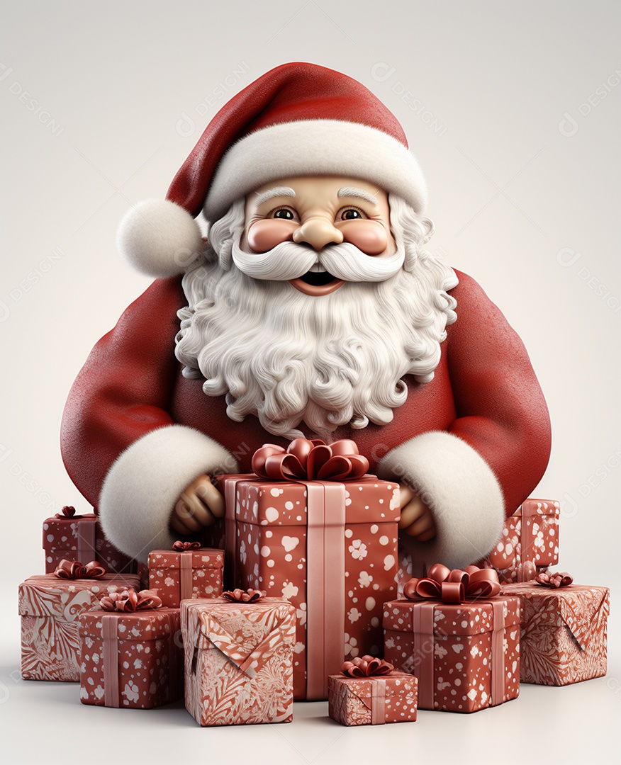 Papai Noel 3d com algumas caixas de presente em fundo branco transparente