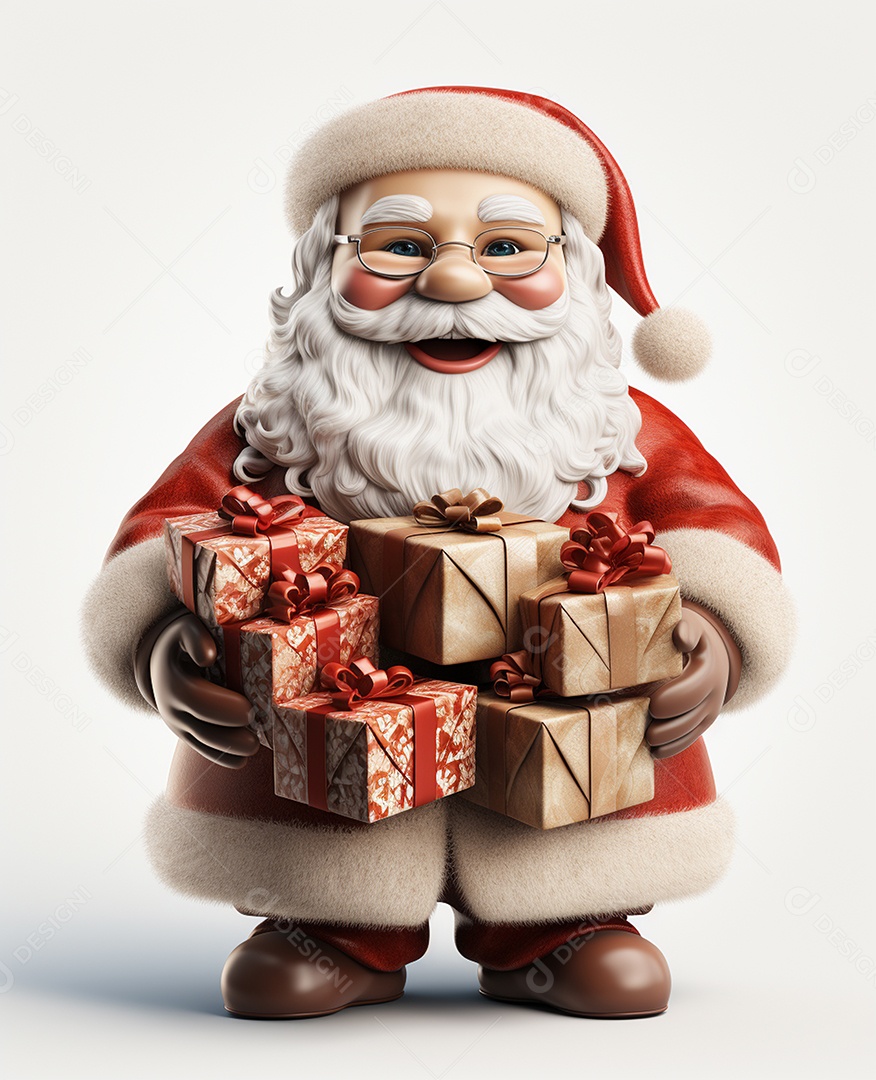 Papai Noel 3d com algumas caixas de presente em fundo branco transparente