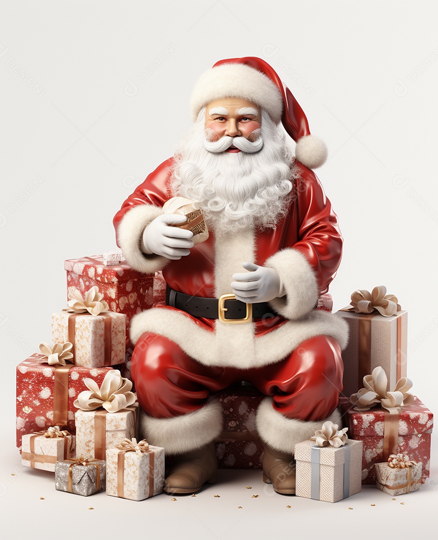 Papai Noel 3d com algumas caixas de presente em fundo branco transparente