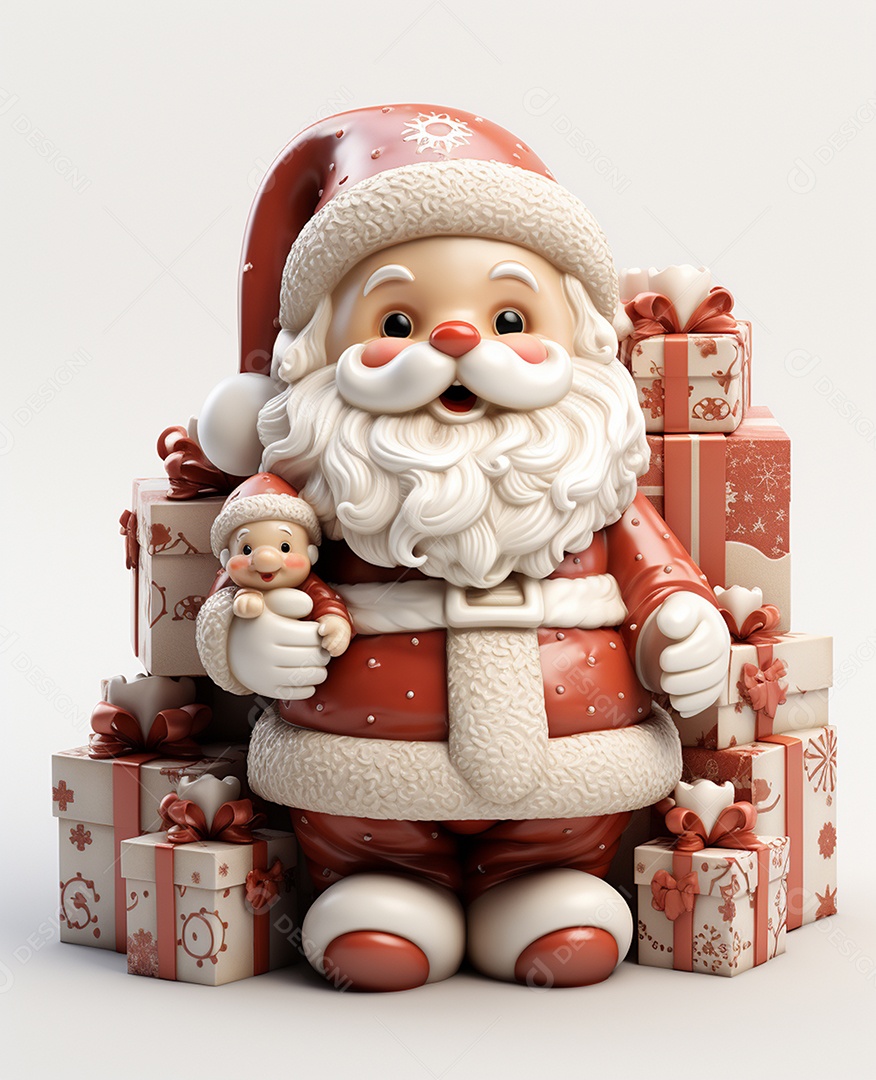 Papai Noel 3d com algumas caixas de presente em fundo branco transparente