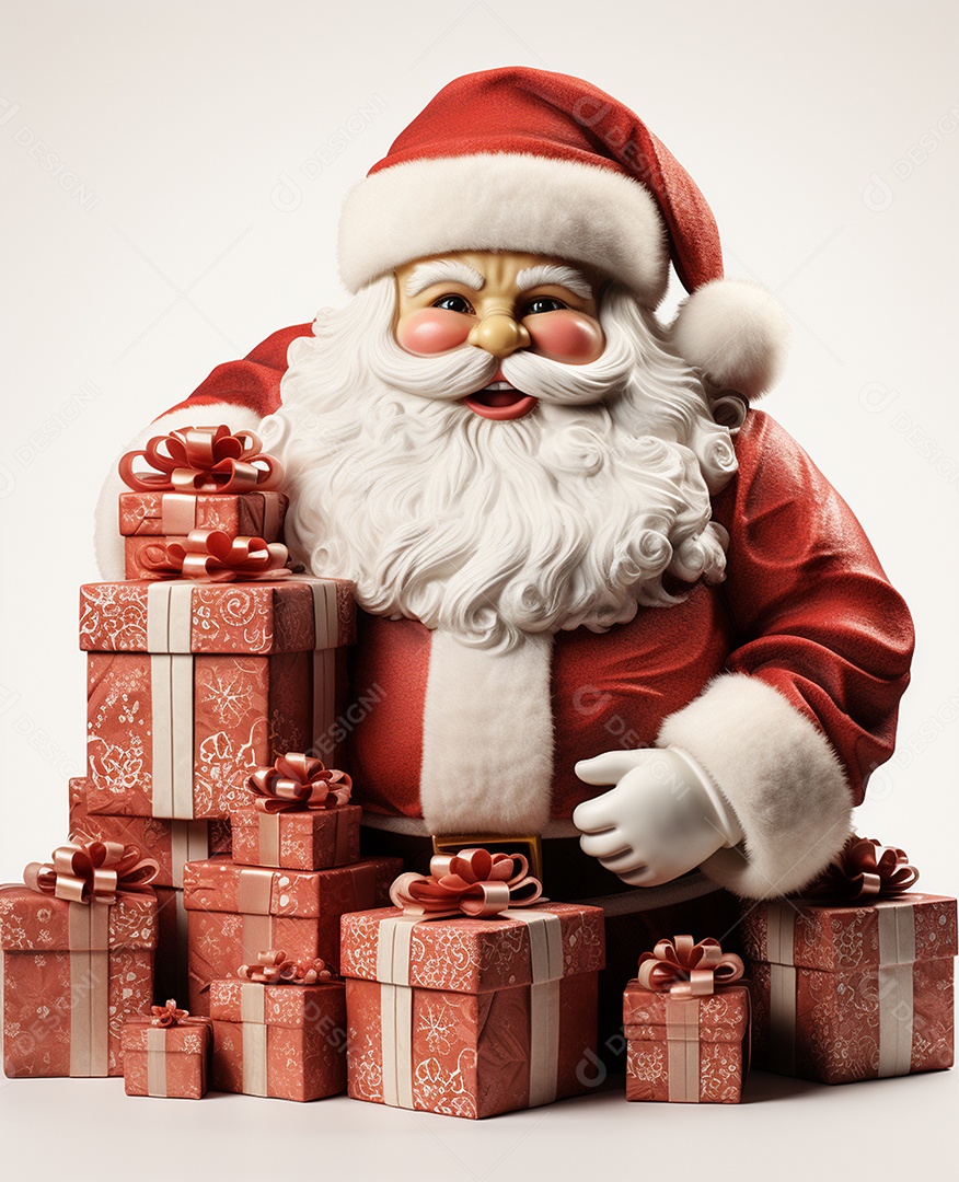 Papai Noel 3d com algumas caixas de presente em fundo branco transparente