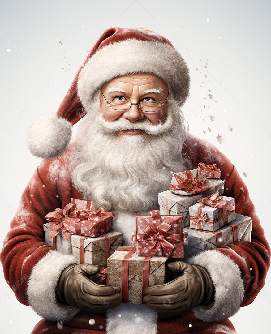 Papai Noel 3d com algumas caixas de presente em fundo branco transparente