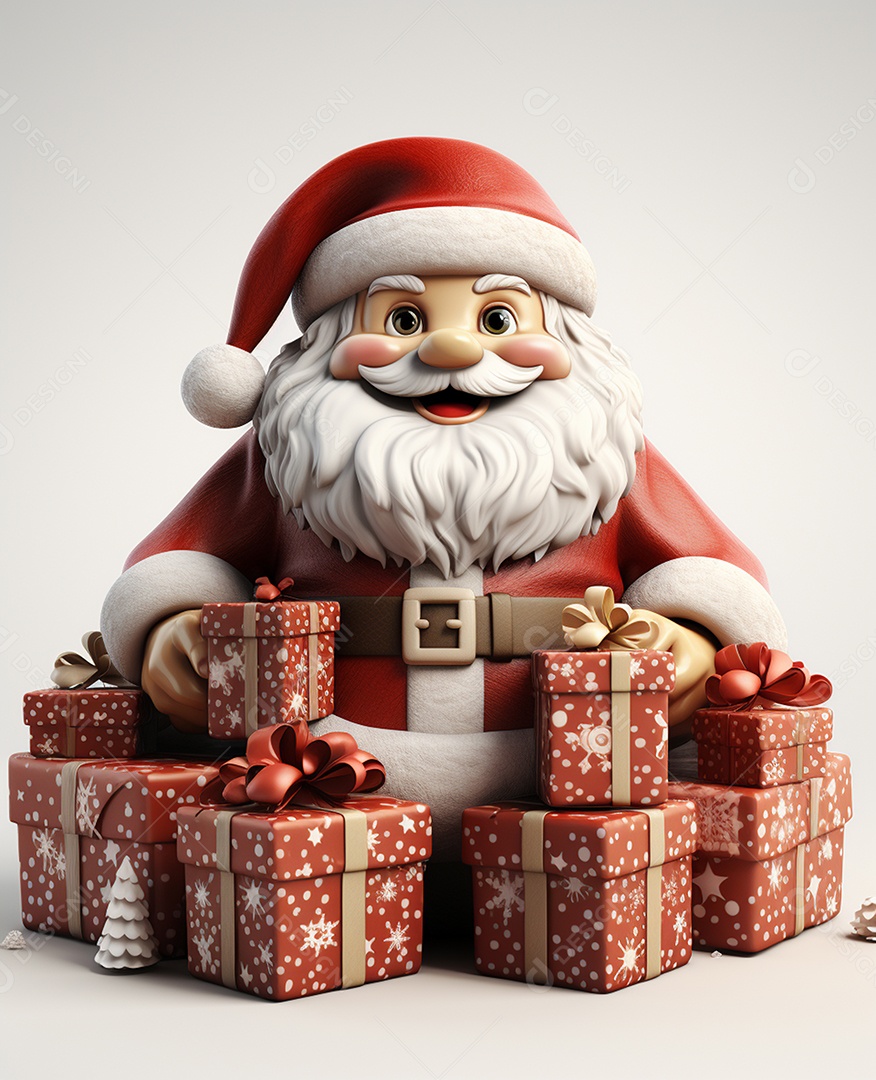 Papai Noel 3d com algumas caixas de presente em fundo branco transparente