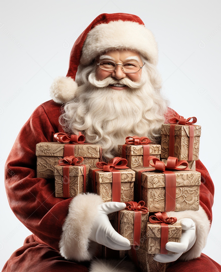 Papai Noel 3d com algumas caixas de presente em fundo branco transparente