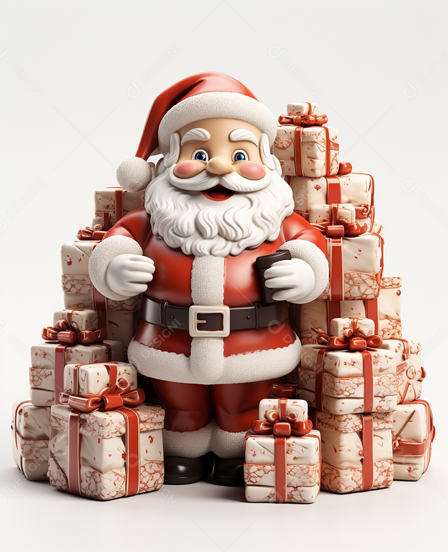 Papai Noel 3d com algumas caixas de presente em fundo branco transparente