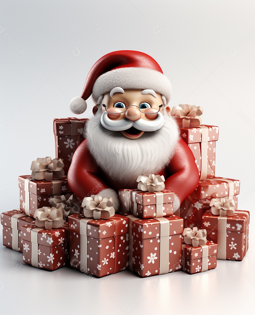 Papai Noel 3d com algumas caixas de presente em fundo branco transparente