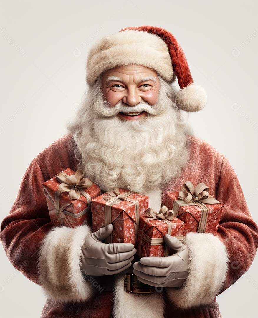Papai Noel 3d com algumas caixas de presente em fundo branco transparente