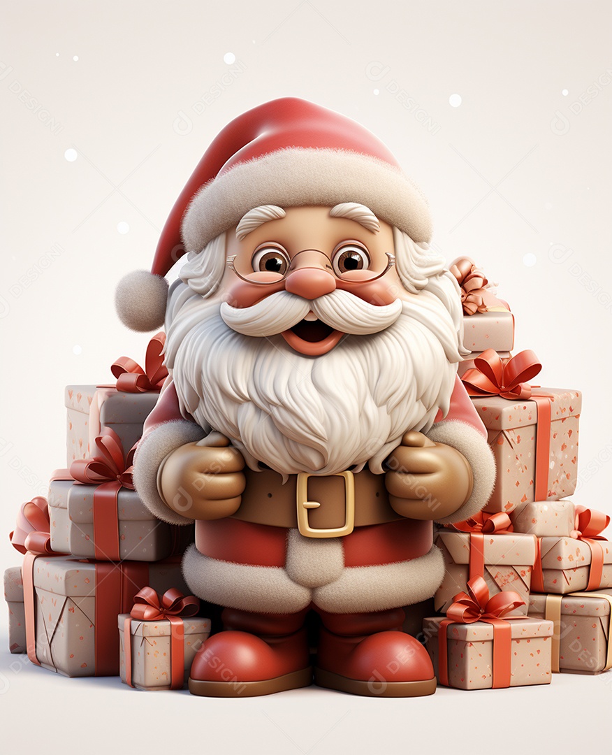 Papai Noel 3d com algumas caixas de presente em fundo branco transparente