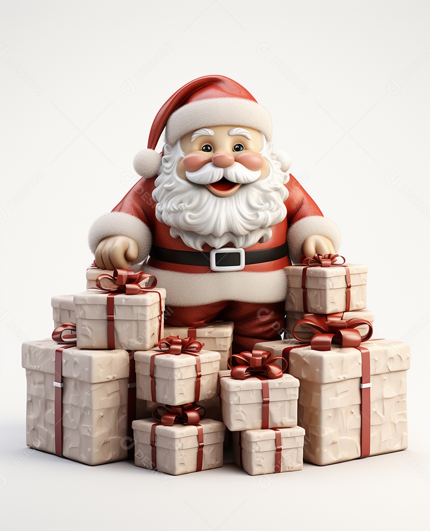 Papai Noel 3d com algumas caixas de presente em fundo branco transparente