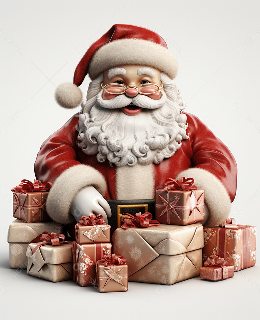 Papai Noel 3d com algumas caixas de presente em fundo branco transparente