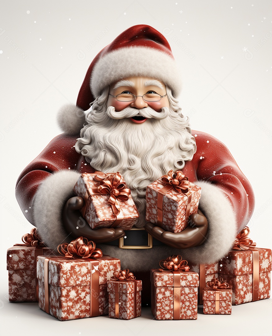 Papai Noel 3d com algumas caixas de presente em fundo branco transparente