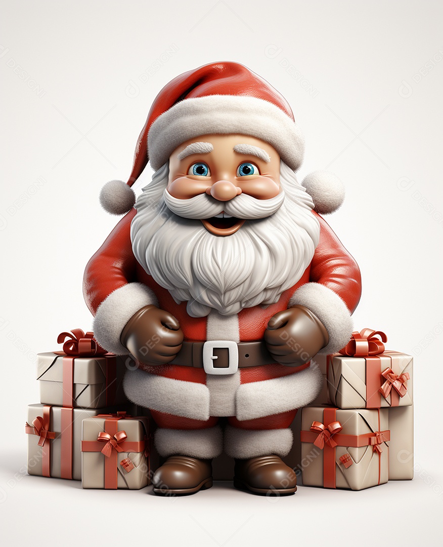 Papai Noel 3d com algumas caixas de presente em fundo branco transparente