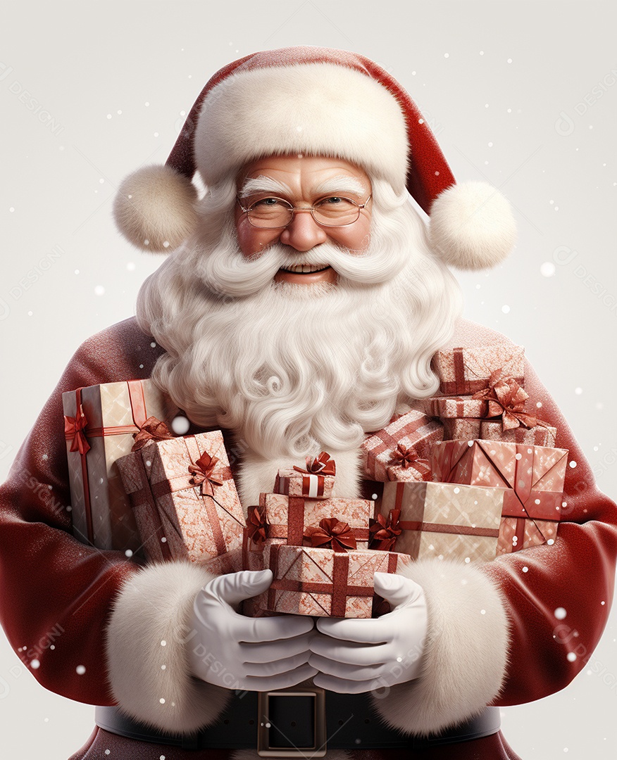 Papai Noel 3d com algumas caixas de presente em fundo branco transparente