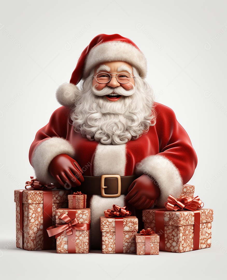 Papai Noel 3d com algumas caixas de presente em fundo branco transparente