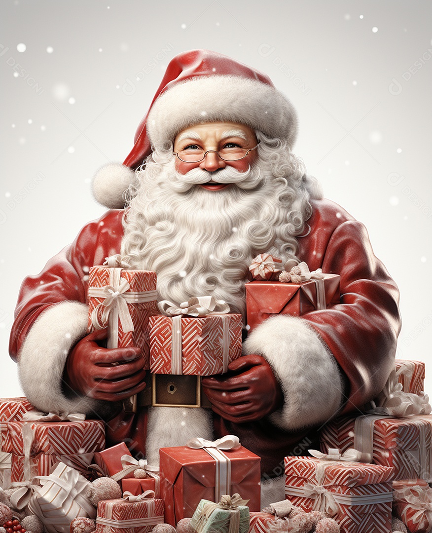 Papai Noel 3d com algumas caixas de presente em fundo branco transparente