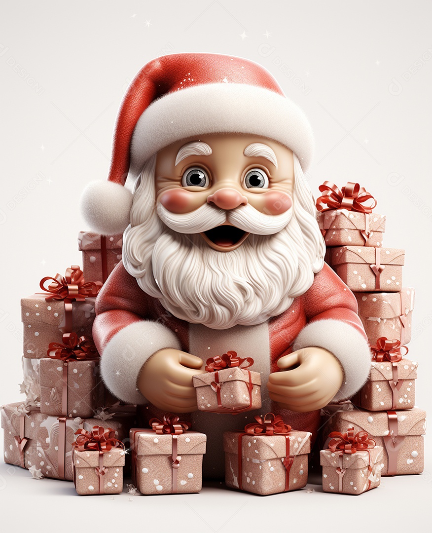 Papai Noel 3d com algumas caixas de presente em fundo branco transparente