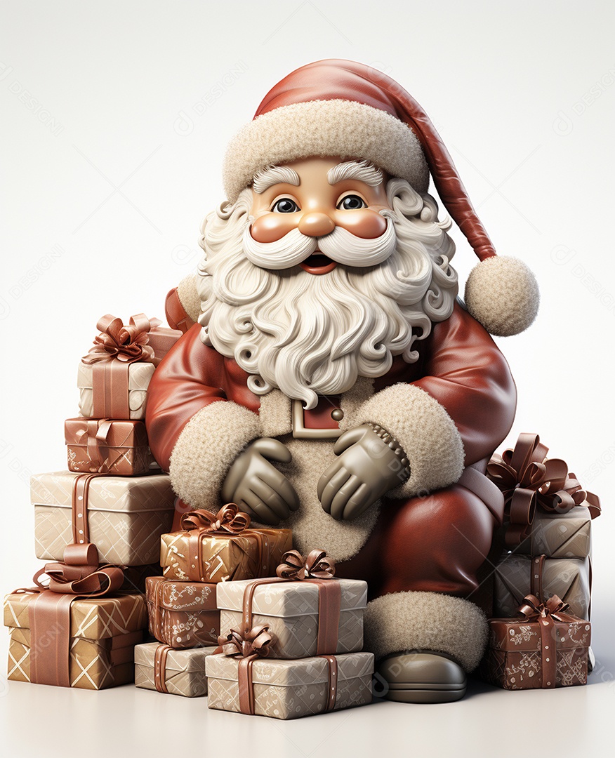 Papai Noel 3d com algumas caixas de presente em fundo branco transparente