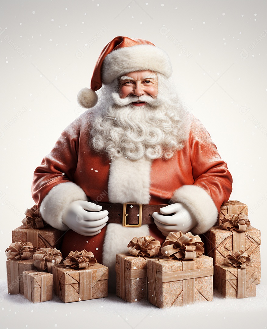 Papai Noel 3d com algumas caixas de presente em fundo branco transparente