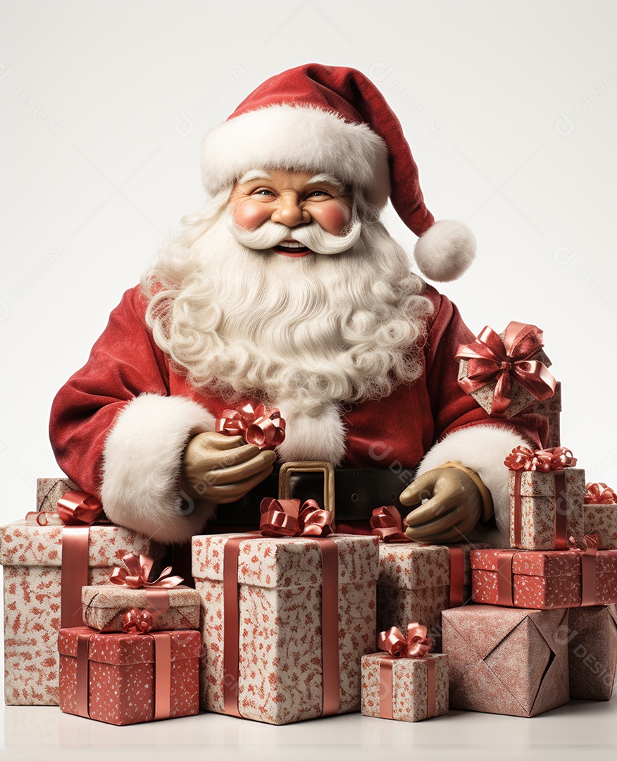 Papai Noel 3d com algumas caixas de presente em fundo branco transparente