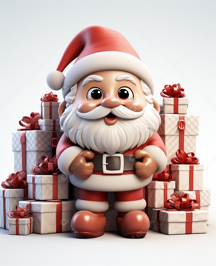 Papai Noel 3d com algumas caixas de presente em fundo branco transparente