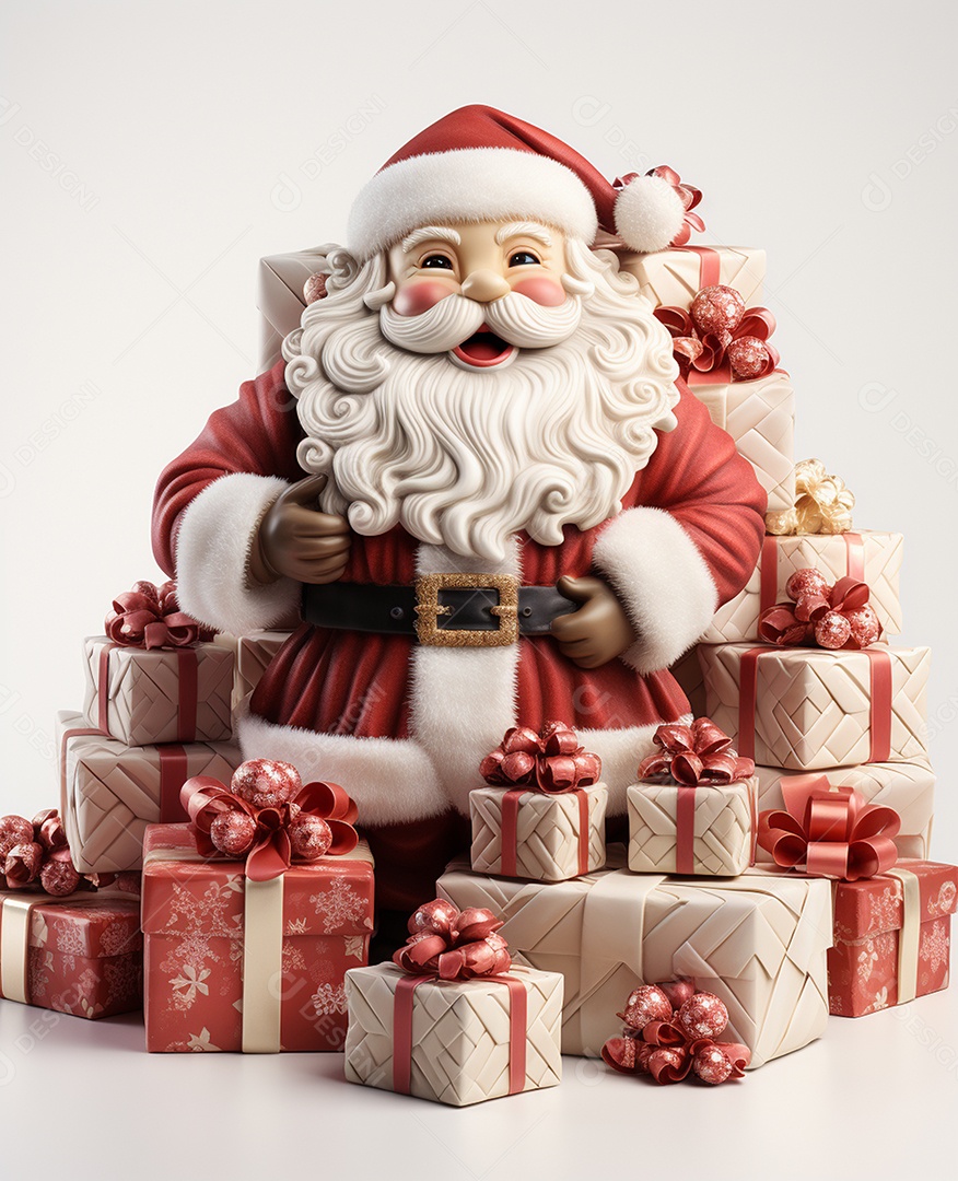 Papai Noel 3d com algumas caixas de presente em fundo branco transparente